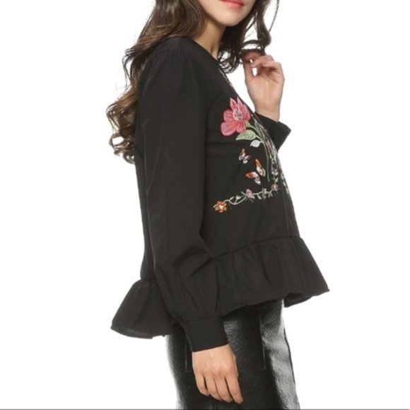 Black Long Sleeves Blouse with Embroidered Floral Design and Ruffled Hems - Picture 3 of 6